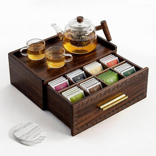 Acacia Wood Tea Bag Organizer with Storage Drawer | 8 Compartments Tea Caddy with Pattern Carving & 2 Ceramic Absorbent Coasters | Wooden Teabag Holder Tea Organizers for Countertop (Walnut) by Unknown
