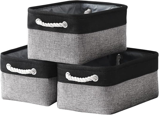 Storage Basket for Organizing - 14x10x7 inch Medium 3 Pack Collapsible Storage Bin for Shelves with Rope, Fabric Storage Cubes for Organizer Cloth Gift Toy Closet (Black & Grey) by TheWarmHome