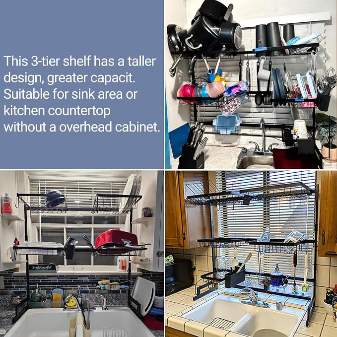 ADBIU Over The Sink Dish Drying Rack (Expandable Height and Length) Snap-On Design 2 Tier Large Dish Rack (27-40L x 12W x 32.5-37H (inches)) - Image 3
