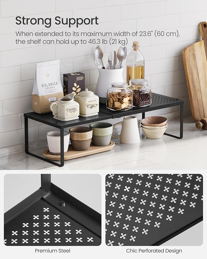 SONGMICS Set of 2 Expandable Pantry Kitchen Organizers, Adjustable Spice Rack, Stackable Cabinet Organizers, Metal, Space-Saving Tabletop Shelves, Matte Black UKCS402B01 (Pack of 2) - Image 4