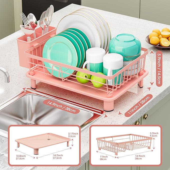 Dish Drying Rack, Stainless Steel-Dish Rack, Dish Racks for Kitchen Counter, Kitchen Dish Drainers with Removable Utensil Holder,New Drain Outlet,Plate Rack and Drainboard,(Pink-11 W x 15" L) - Image 3