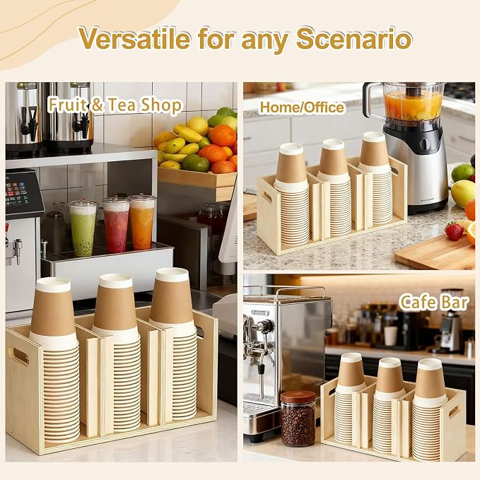 Wood Cup Lid Organizer 3 Compartments with Adjustable Dividers for Counter Wall Mount Disposable Cup and Lid Storage Kitchen Restaurants Fast Food Coffee Shop Supplies (15”W x 7”H x 4.7”D) - Image 6