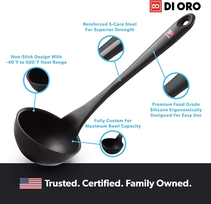 DI ORO 11-Piece Silicone Kitchen Set - 600°F Nonstick Heat-Resistant Utensils - 3 Turners, 5 Seamless Spatulas, 2 Spoons, 1 Ladle - Tools for Cooking & Baking - Dishwasher Safe, Easy to Clean (Black) - Image 3