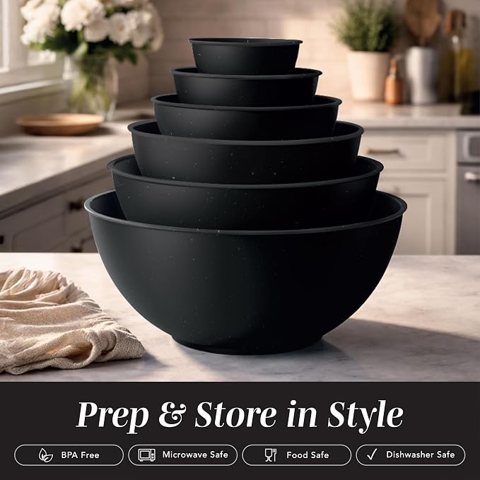 COOK WITH COLOR Mixing Bowls with TPR Lids - 12 Piece Plastic Nesting Bowls Set includes 6 Prep Bowls and 6 Lids, Microwave Safe (Speckled Black) - Image 3