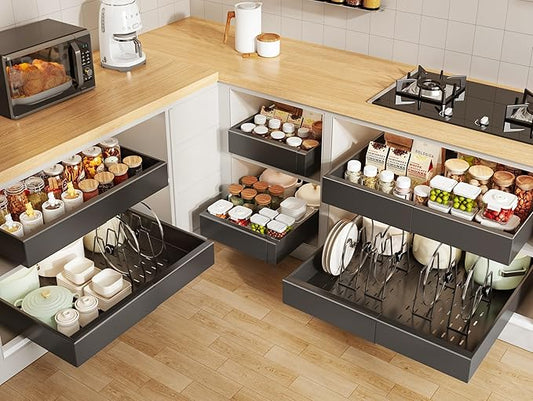 Seinloes 6 Pack Pull out Cabinet Organizer 21"Deep with Raising Pad for Framed Cabinets, Expandable Slide out Drawers for Kitchen Cabinets with 6pcs Divider Racks, Roll out Shelves 12.1"-20.4" W Black by Seinloes