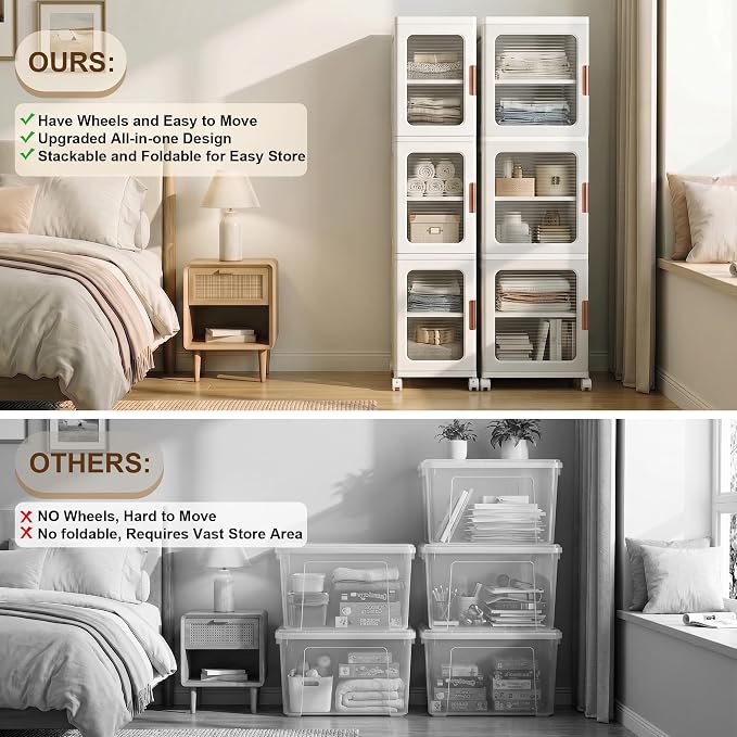 3-Tier Tall Narrow Plastic Storage Cabinet of 2, Foldable | Rolling Organizer with Lid,Doors,Stackable, Adjustable Shelves, Durable PP,Freestanding Bathroom Cabinet for Small Slim Space - Image 6