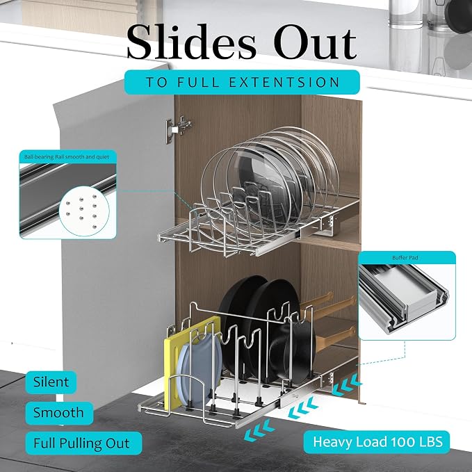 Slide Out Pan and Pot Lid Organizer For Under Cabinet, Wire Dividers Kitchen Pull Out Pot Lid Rack Organization And Storage, Full-Extension Rail, 12" W X 20" D - Image 4