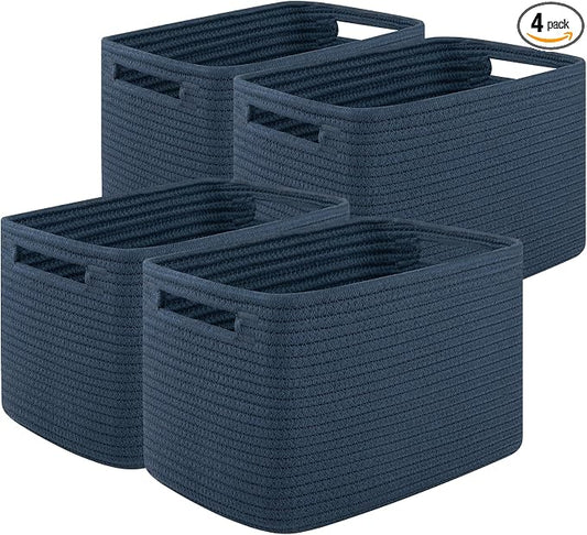 OIASKET 4Packs Natural Cotton Rope Storage Baskets for Organizing Toys, Clothes, Towels & Books, Soft Versatile Organizers for Shelves, Home Decorative Bins, 13''Lx9''Wx7.8''H, Blue by OIASKET