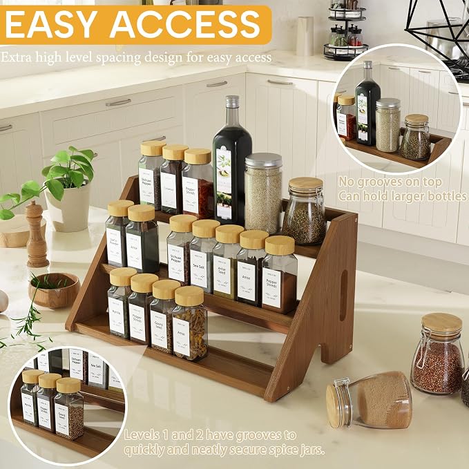 Bamboo Spice Rack Organizer -3-Tier Spice Rack for Countertop,Cabinet Spice Rack Organizer for 24 Spice Jars(4oz)，Step Shelf (Walnut) - Image 3