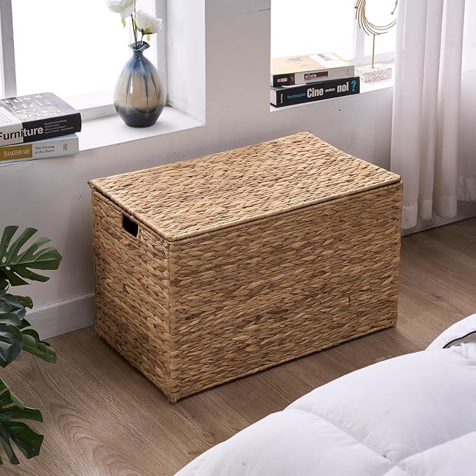 Water Hyacinth Storage Basket with Lid, 52.8 Gallon (200L) Wicker Storage Trunk with Handles, Handwoven Large Wicker Storage Basket for Blanket, Foldable, for Living Room, Bedroom, Natural - Image 6