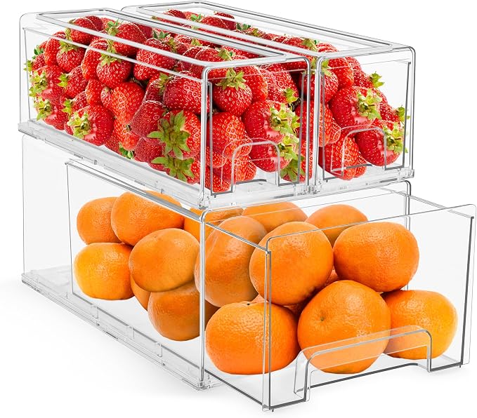 Sorbus Fridge Drawers - Clear Stackable Pull Out Refrigerator Organizer Bins - Food Storage Containers for Kitchen, Freezer, Vanity & Fridge (3 Pack | 1 Large, 2 Small Stackable Drawer Bins) by Sorbus