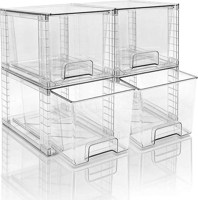 Medium Clear Stackable Storage Drawers (4 Pack), High-strength Acrylic Organizer Bins with Handles, Plastic Drawers for Fridge Bathroom Cabinet Closet Undersink Pantry Kitchen Makeup Storage by XWYWX