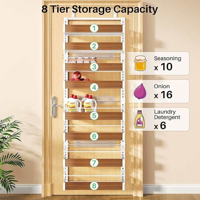 SNTD 8 Tiers Wooden Over the Door Organizer, 17" W x 6" D x 69" H, Walnut | Pantry Door Organizers and Storage, Height Adjustable Spice Rack, Dense Mesh Baskets, Anti-Swing, Adjustable Door Fastener - Image 7