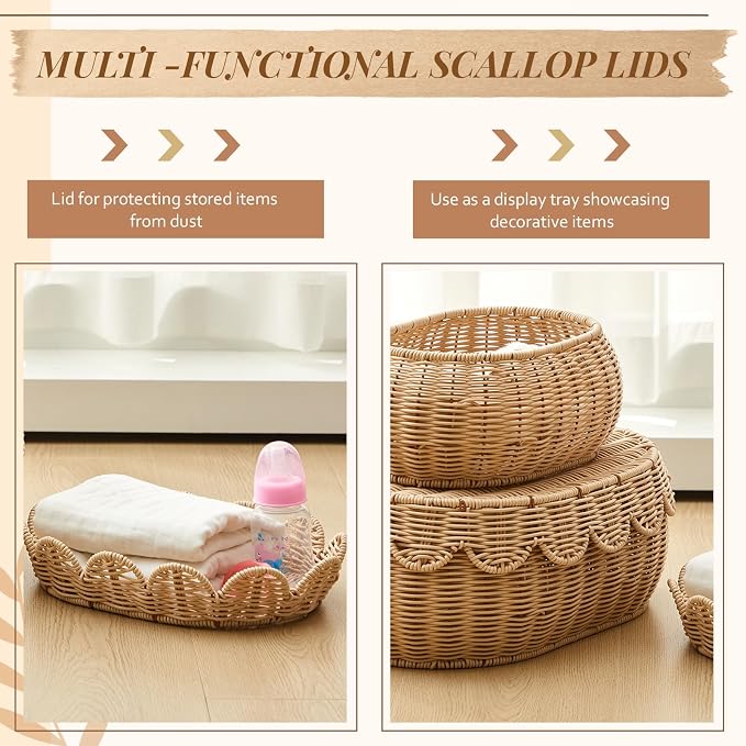2 Pcs Scalloped Rattan Baskets, Baby Diaper Caddy, Imitation Woven Rattan Wicker Storage Baskets Plastic with Lid for Nursery Storage Organizer Bathroom Decor (Natural,Small,Medium) - Image 3