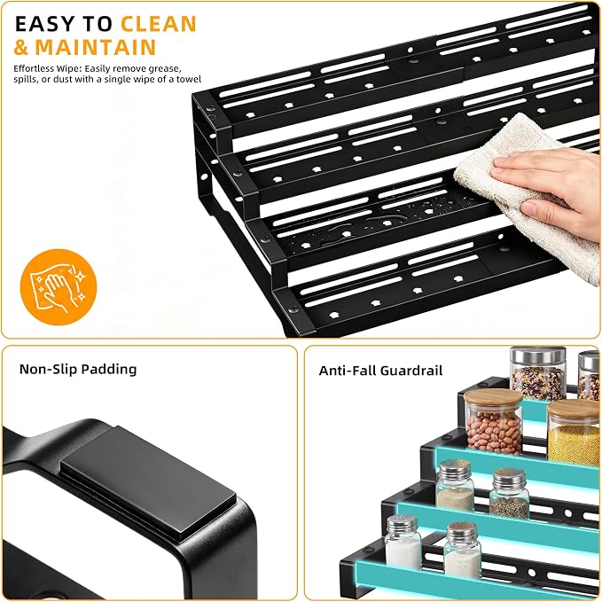 Spice Rack Organizer for Cabinet, 13-21.5" Expandable Spicy Shelf | 11.6" Depth 4-Tier Black Metal Seasoning Organizer, Kitchen Spice Organization, Slip-Resistant Guardrails for Jars and Cans - Image 7