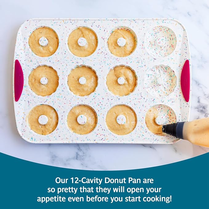 Trudeau 12-Cavity Donut Pan – Nonstick Baking Mold for Homemade Donuts, White Confetti/Fuchsia – Easy Release, Dishwasher Safe - Image 2