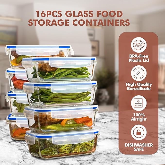Razab 16 Pc (Set of 8) 30 Oz Glass Meal Prep Containers with Lids, Airtight Large Glass Food Storage Containers, Reusable Leak Proof BPA Free, Freezer to Oven and Dishwasher Safe - Image 6
