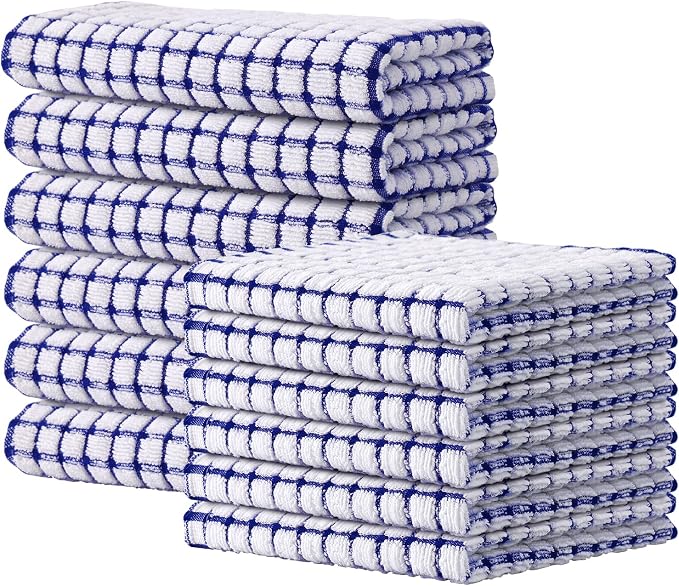 Kitinjoy Cotton 12 Pack Kitchen Towels and Dishcloths Sets, Blue | 16 x 25 Inch & 12 X 12 Inch Dish Towels Bulk, Super Soft and Absorbent hand towels for kitchen Drying by Kitinjoy