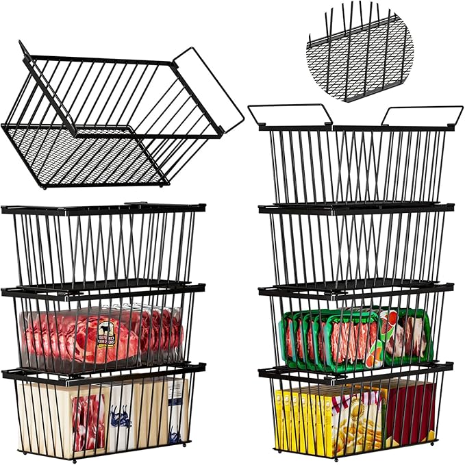 Enhanced Leak-Proof Bottom, Freezer Organizer Bins for 7 Cu.Ft,8 Pack) | Stackable Chest Freezer Organizer Bins, Baskets with Handles, Leak-proof Wire Storage Container Baskets for Sort Frozen Meats by ANJUBAN