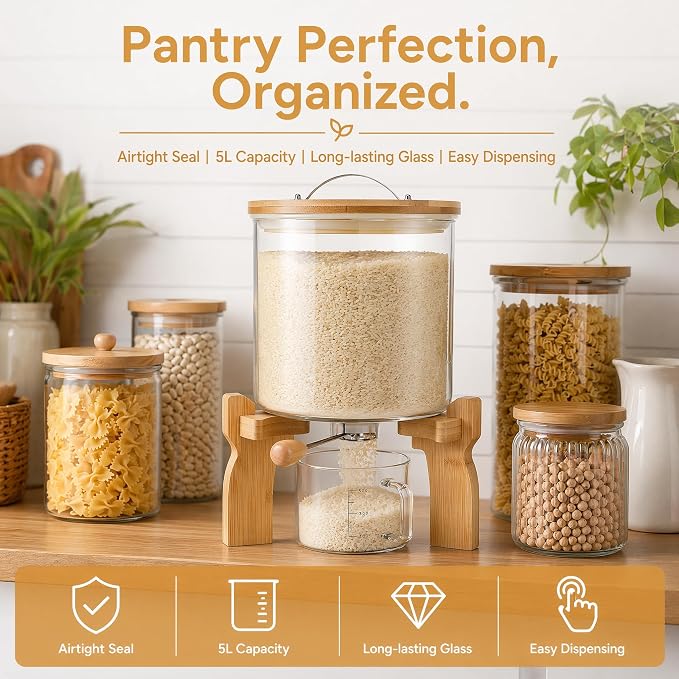 Goaste Glass Rice Dispenser with Bamboo Stand, 5L Flour Cereal Container with Airtight Lid, 8 Lbs Large Grain Food Storage Bucket, Countertop Beans Storage Tank with Measuring Cup & Valve for Dry Food - Image 8