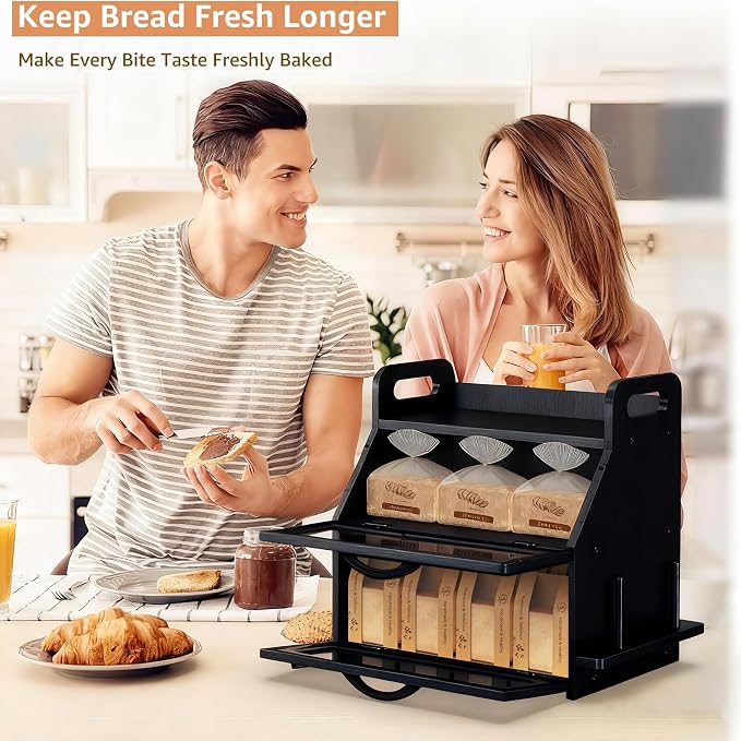 BAMBANG Bread Box for Kitchen Countertop, Extra Large Double Layer Bamboo Breadbox with Clear Window, Farmhouse Wooden Bread Storage Container for Homemade Bread, Knife & Cutting Board Holder, Black - Image 4