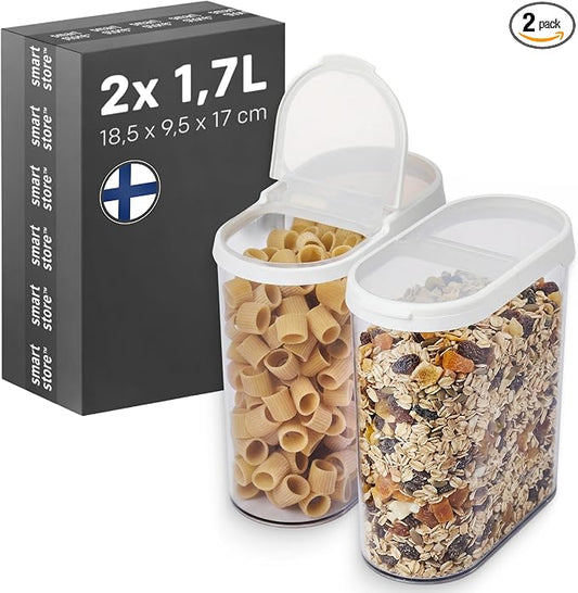 SmartStore Cereal Storage Containers, Set of 2 x 1.7 L | Stackable, Clear, Flip Lid | BPA-Free Kitchen Storage Containers | Pantry Food Storage Containers | Cereal Dispenser, Granola, Pasta, Rice by SmartStore