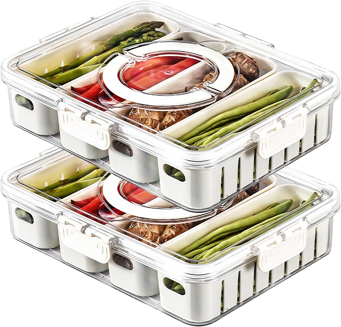 2Pack Divided Snackle Box with Lids Stackable Food Serving Tray for Fruit&Veggie Plastic Fridge Storage Container for Pantry Freezer Clear Snack Box for Meal Prep Candy Nuts Spice by MineSign