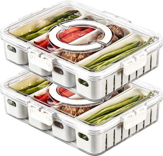 2Pack Divided Snackle Box with Lids Stackable Food Serving Tray for Fruit&Veggie Plastic Fridge Storage Container for Pantry Freezer Clear Snack Box for Meal Prep Candy Nuts Spice by MineSign