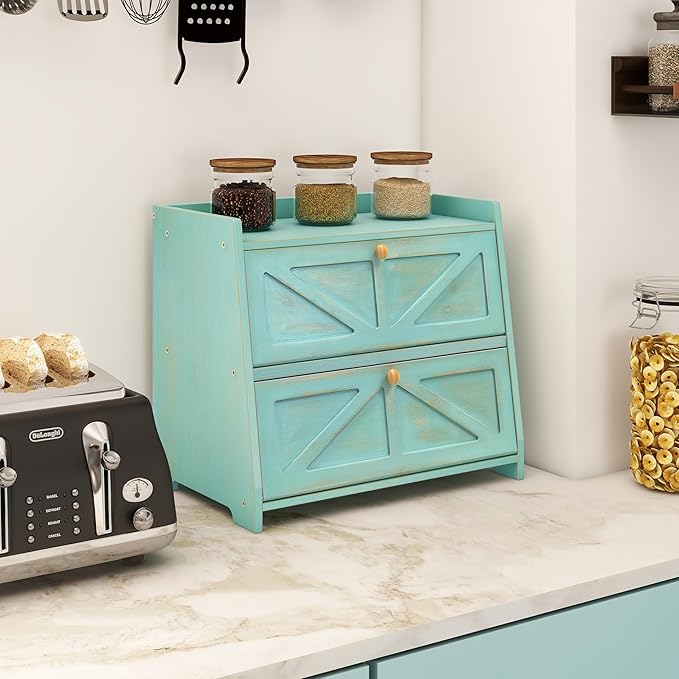 Trironsun Vintage Double Layer Bread Box for Kitchen Counter Bamboo Bread Storage Container Large Capacity Bread Storage Bin (Antique Blue) - Image 2