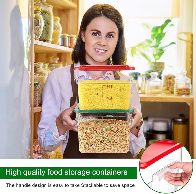 FoldTier 2 Pieces Square Food Storage Containers Polycarbonate Clear food Container with Lid Commercial Storage with Graduations for Commercial Kitchen Dough Marinating Meat(Green, Red,12 Qt) - Image 5