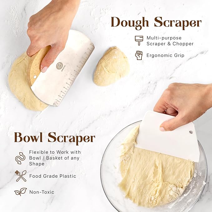 ABIOTO Banneton Baskets with Sourdough Bread Baking Supplies - 17-Piece Kit | Bread Baking Kit for Beginners - Round & Oval Sourdough Proofing Baskets, Liners, Slings, Mat, Lame, Danish Whisk, & Scrapers - Image 6