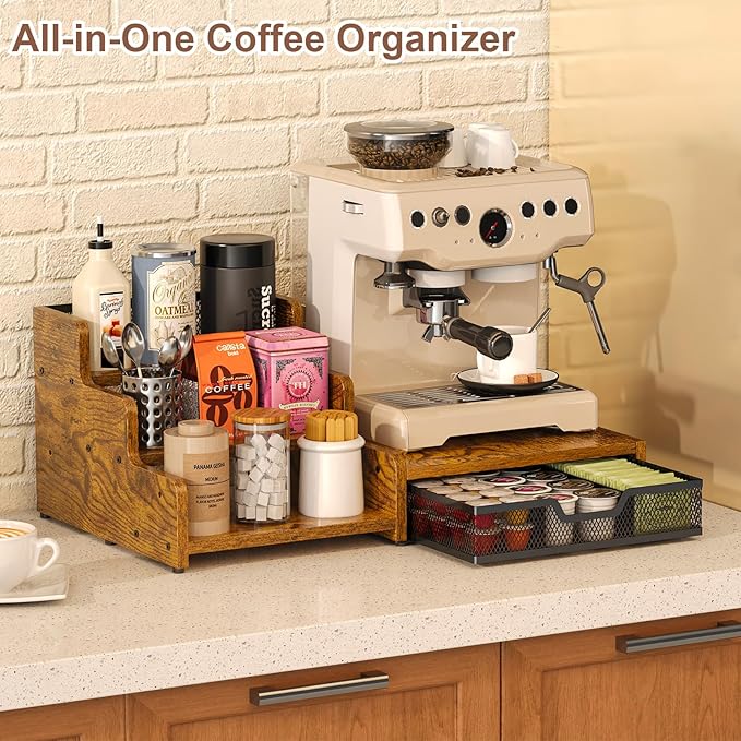 Coffee Station Organizer with K Cup Holder, 28 Pod Capacity,3-Tier Syrup Rack with Coffee Pod Holder Drawer, Coffee Bar organizer Countertop for Accessories,Rustic Brown - Image 2