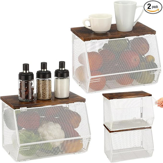 Teenyyou 2 Pcs Stackable Mesh Fruit Basket with Lid Wall Produce Vegetable Storage Basket Onion Potato Hanging Metal Wire Container for Kitchen Counter Pantry(Non-removable,White,7.1" w & 11.8" l) by Teenyyou