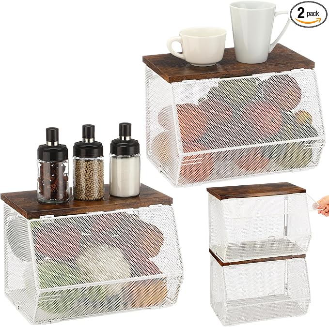 Teenyyou 2 Pcs Stackable Mesh Fruit Basket with Lid Wall Produce Vegetable Storage Basket Onion Potato Hanging Metal Wire Container for Kitchen Counter Pantry(Non-removable,White,8.3" w & 13.8" l) by Teenyyou