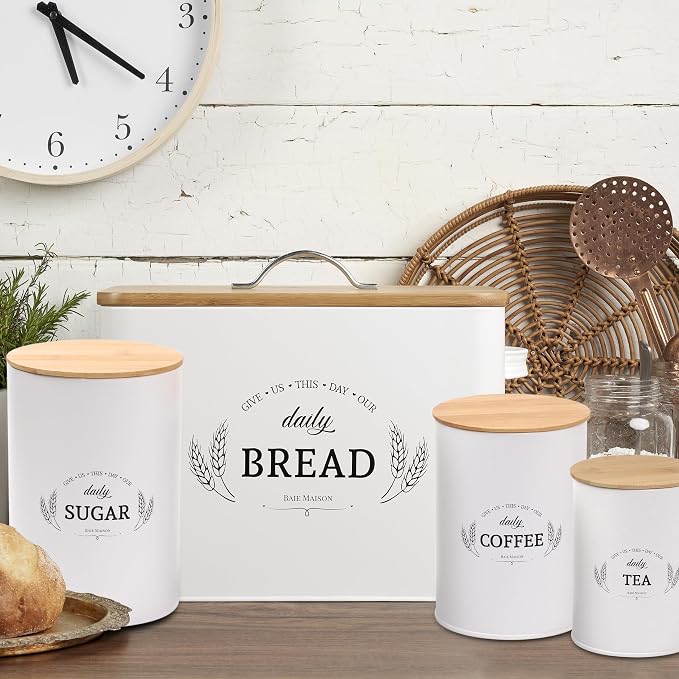 Baie Maison Extra Large White Farmhouse Bread Box for Kitchen Countertop - Bread Storage with Matching Large Kitchen Canisters Set of 3 - Coffee Tea Sugar Container Set (Bread Box & Canisters) - Image 6