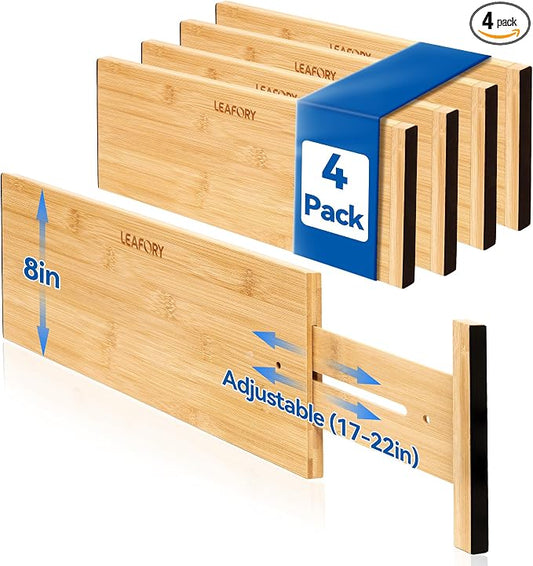 4 Pack 8" Deep Bamboo Drawer Dividers, 17-22" Expandable Kitchen Organizers | Adjustable Spring-Loaded Tension Separators with Foam Pad for Clothes, Utensils, Kitchen, Dresser, Nursery & Bathroom by LeaforyHome