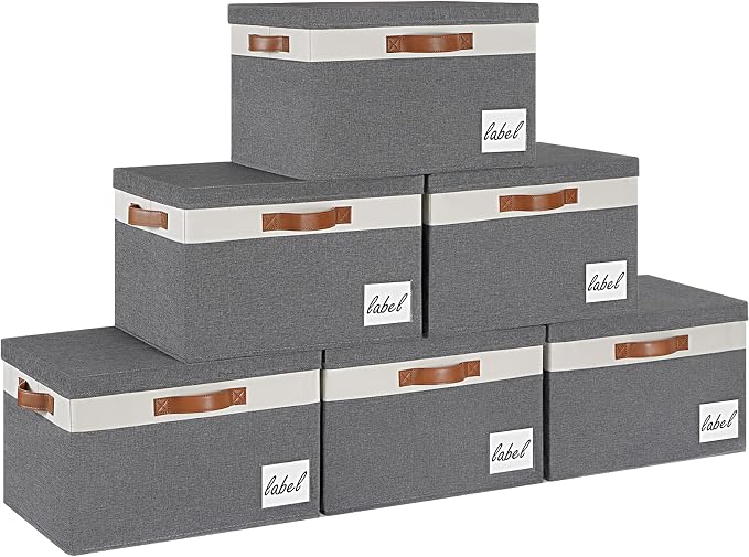 GhvyenntteS 6 Pack Fabric Storage Bins with Lid, Large Closet Storage Bins with Lid and 3 PU Handles, Foldable Fabric Storage Boxes with Label Window for Home Bedroom Office (Grey, Large) by GhvyenntteS