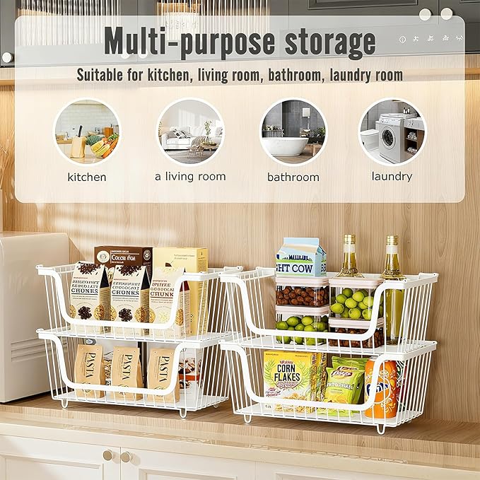6 Pcs Stackable Wire Baskets for Pantry Organizers and Storage, | Vegetable Fruit Basket for Countertop,Kitchen Storage Metal Baskets,Produce Potato Onion Storage Bin,White - Image 5
