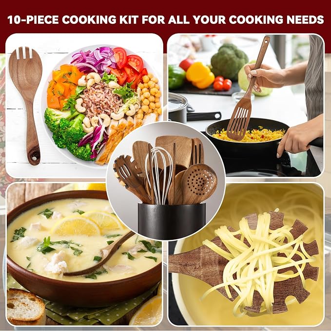 SiliFine 11 Pcs Wooden Kitchen Utensils Set with 360° Rotating Holder Acacia Wood Cooking Utensils with Cooking Spoons Spatulas for Nonstick Cookware Countertop(Straight Wood Holder,Black) - Image 6