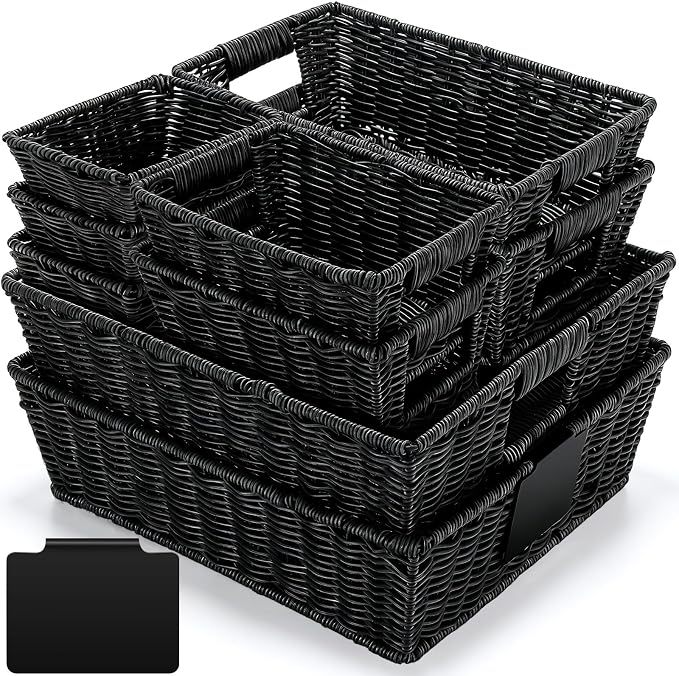Marsui 9 Pcs Wicker Storage Baskets for Pantry Organization with Handle Labels Handwoven Multi-size Brown Small Organizer Baskets Storage Bins Container for Shelves Closet Toilet Christmas Holiday by Marsui