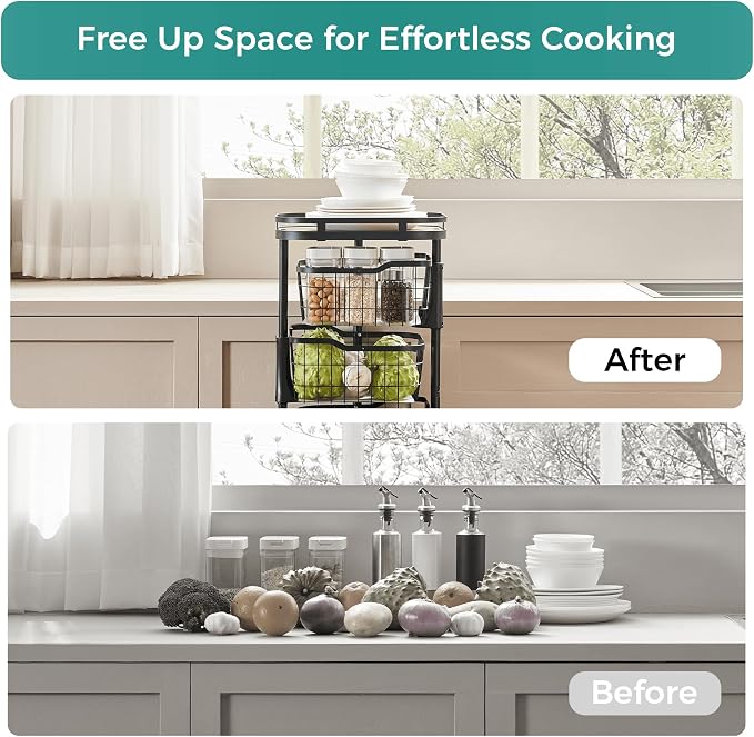 5 Tier Rotating Kitchen Storage Cart, Fruit Vegetable Potato Rack Stand | Patented Swivel Part Spin Smoothly Even Full. Rustproof. One-Piece Wire Bin Prevent Sagging. Keep Onion, Veggie, Spices Fresh - Image 7