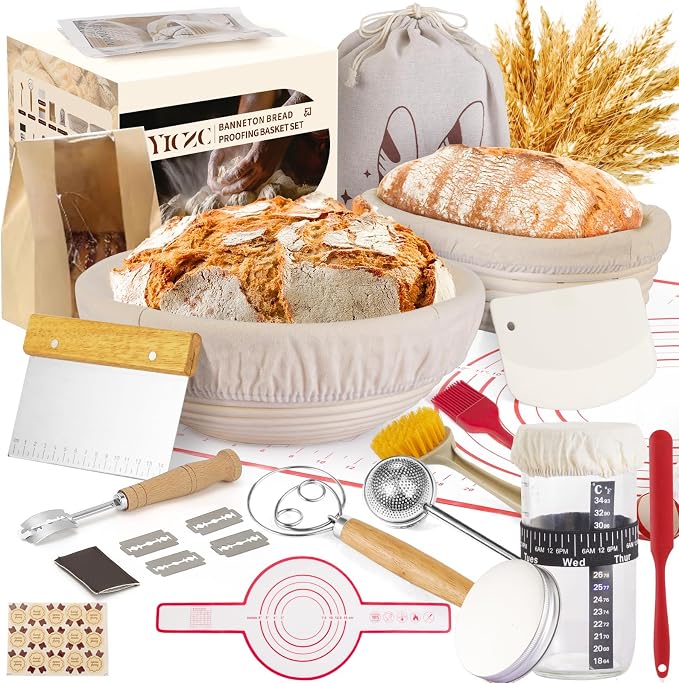 Sourdough Starter Kit, Round & Oval Banneton Bread Proofing Baskets | Sourdough baking kit with starter jar, dough whisk, scraper & bread sling. Sourdough bread baking supplies for home bakers. by Unknown