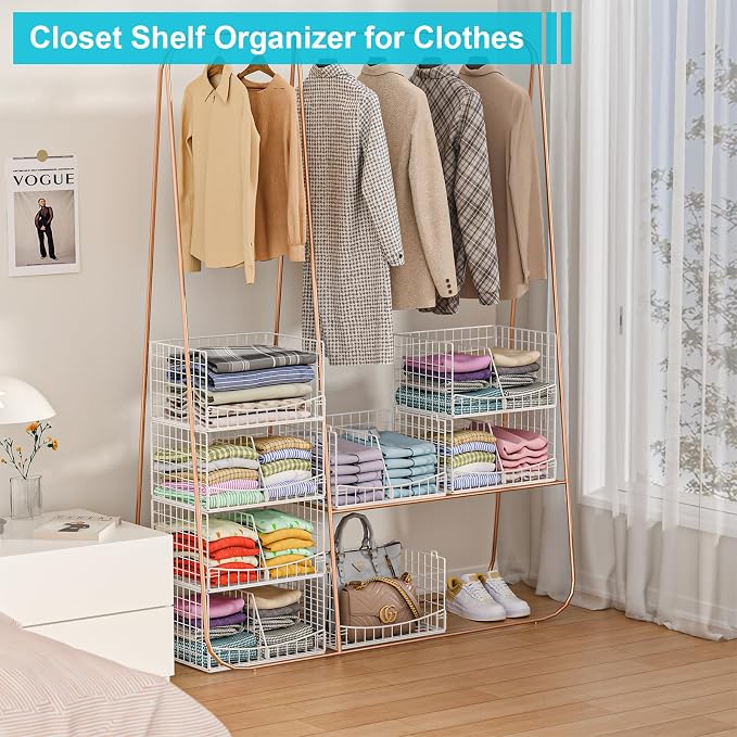 Hongtamoya 4-Tier Closet Organizers and Storage Basket with Divider, Foldable Closet Shelf Organizer System, Space-Saving Clothes Storage Drawer Organizer Bins for Wardrobe Cupboard, White - Image 6
