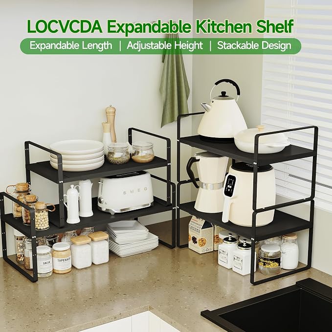 Expandable Adjustable Atackable Kitchen Cabinets Organizer | 80 lb Heavy Duty Metal Pantry Storage Shelves Racks for kitchen, Small Cupboard Organizers with 4 Height Levels - Image 4