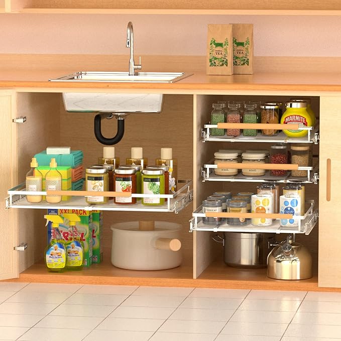 Expandable Pull Out Drawer Cabinet Organizers, Heavy Duty Slide Out Storage Shelf for Home Kitchen Pantry Cupboard Pots Pans, Adjustable Width from 12.1"~18.4", Stainless Steel 1 Pack - Image 4