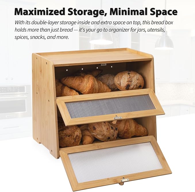 Bamboo Bread Box with golden knobs breadbox for Kitchen Countertop Double Layer Wooden Breadbox Vitamin Bottle Organizer Supplement Bottle Organizer Non-Toxic & Food-Safe (Assembly needed) - Image 5