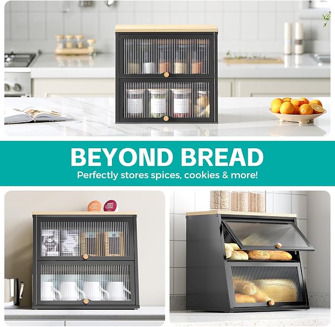 Urackify Bread Box for Kitchen Countertop – 2-Tier Bread Storage Container, Metal Breadbox with Acrylic Wavy Door, Wood Top, Magnetic Seal, Anti-Slip Base, 14.96x9.84x13.78 inch, Black - Image 6
