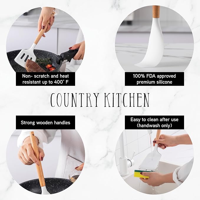 Country Kitchen Non Stick Silicone Utensil Set with Rounded Wood Handles for Cooking and Baking, 14 Piece Set, White - Image 4