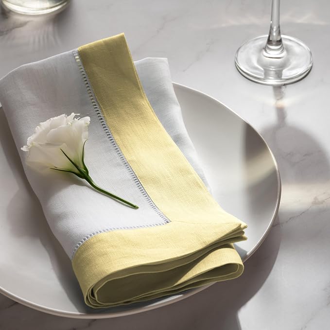 Linen Napkins 20 x 20 inch - 100% Flax Linen White and Yellow Dinner Napkins Set of 4 - Hemstitch Cloth Napkins Washable for Easter Day and Spring Holiday - Image 2