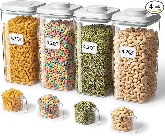 Large Pop Airtight Food Storage Containers Set with Lids 4.2Qt/4L Food Containers with Scoop, Kitchen Pantry Organization and Storage, BPA Free Stackable Cereal Container (4 * 4.2Qt) by Unknown